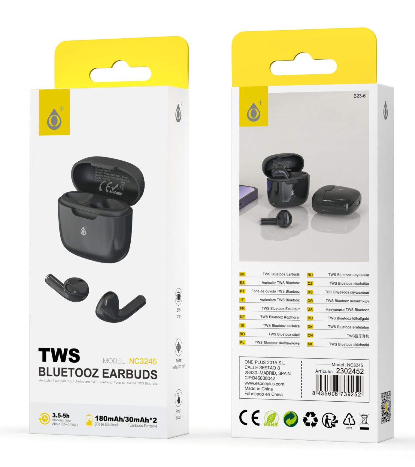 NC3245 NE Auriculares TWS Bluetooth 53 Bateria de auricular 30mAh2Con Estuche Recargable 180mAh Negro scaled